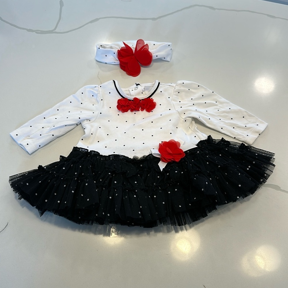 Little me baby girls white black polka dot dress tulle skirt red flower 6 months